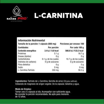 L Carnitina Super Premium 100 Cápsulas Raíces Pro