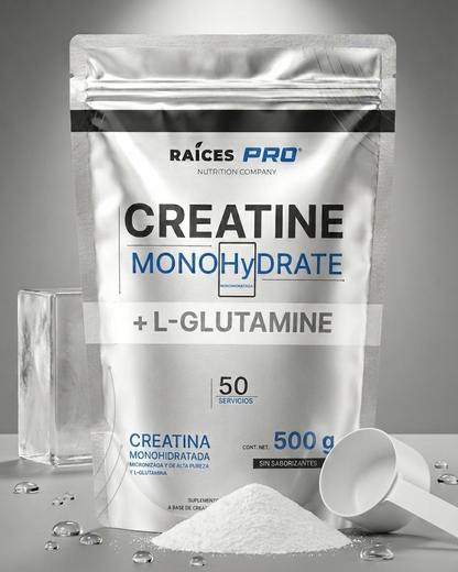 Creatina Monohidratada y glutamina raices pro 500 gramos 50 servicios