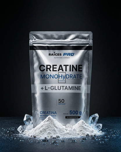 Creatina Monohidratada y glutamina raices pro 50 servicios