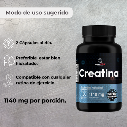 Creatina Monohidratada De Alta Pureza 100 Cáps Raíces Pro