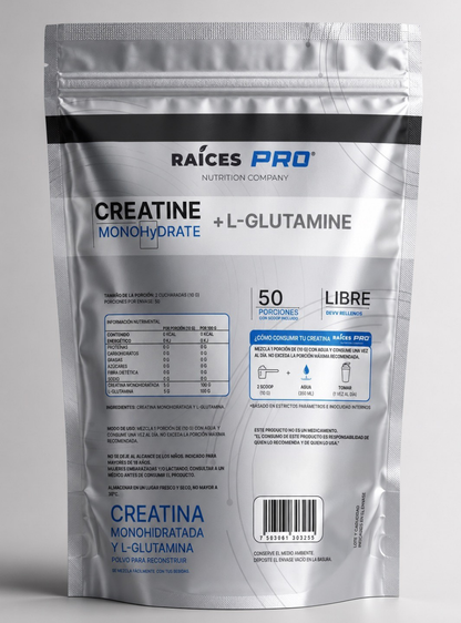 Creatina Monohidratada y glutamina raices pro 50 porciones
